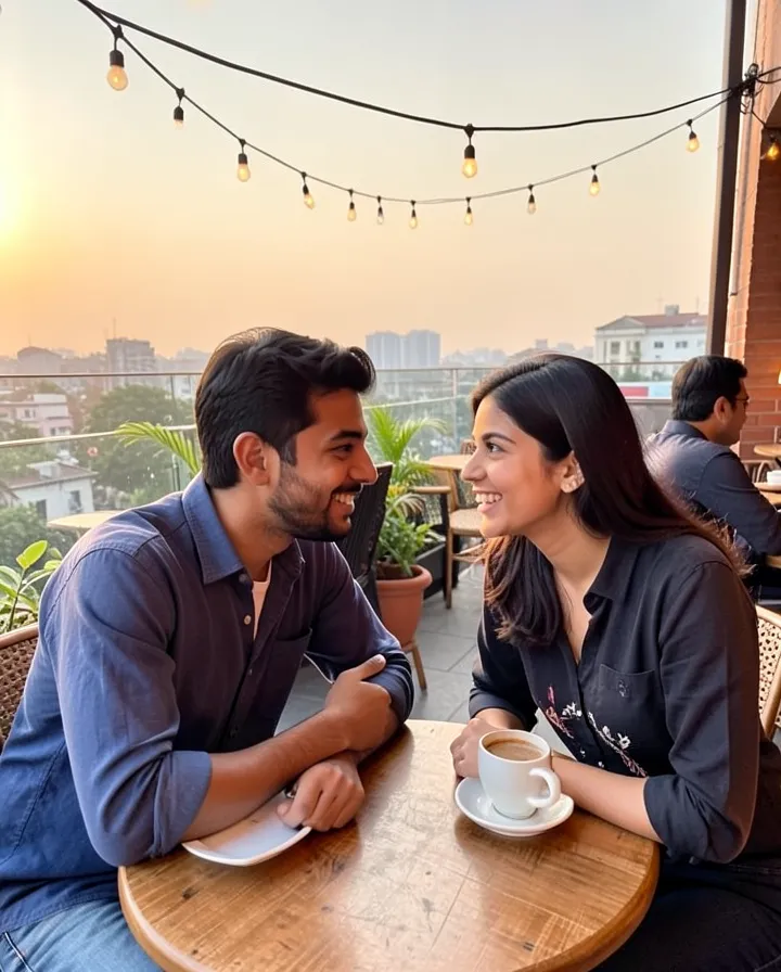 Two people on a first date at a rooftop cafe